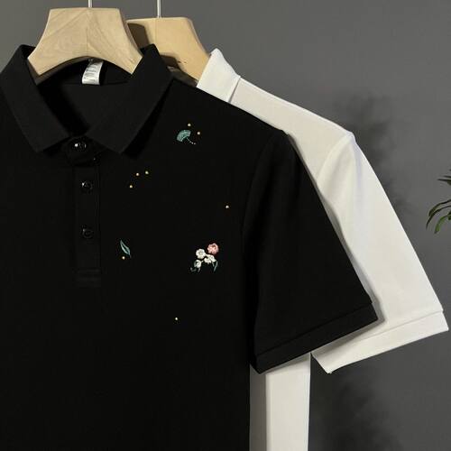 男士夏季时尚刺绣Polo衫短袖T恤凉感透气修身潮流轻奢翻领凉感T恤