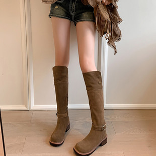 2024新款 真皮西部靴显瘦长筒骑士靴子厚底堆堆靴两穿粗跟韩系长靴