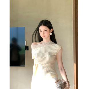 ALIN【疏云影】微透薄款温柔气质针织衫女斜肩修身显瘦上衣AL6NZC