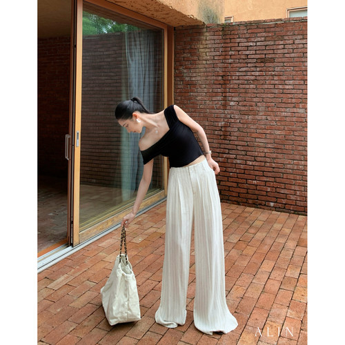 ALIN【舒影漫步】亚麻老钱风条纹休闲裤女夏直筒阔腿裤子AL6NSK12