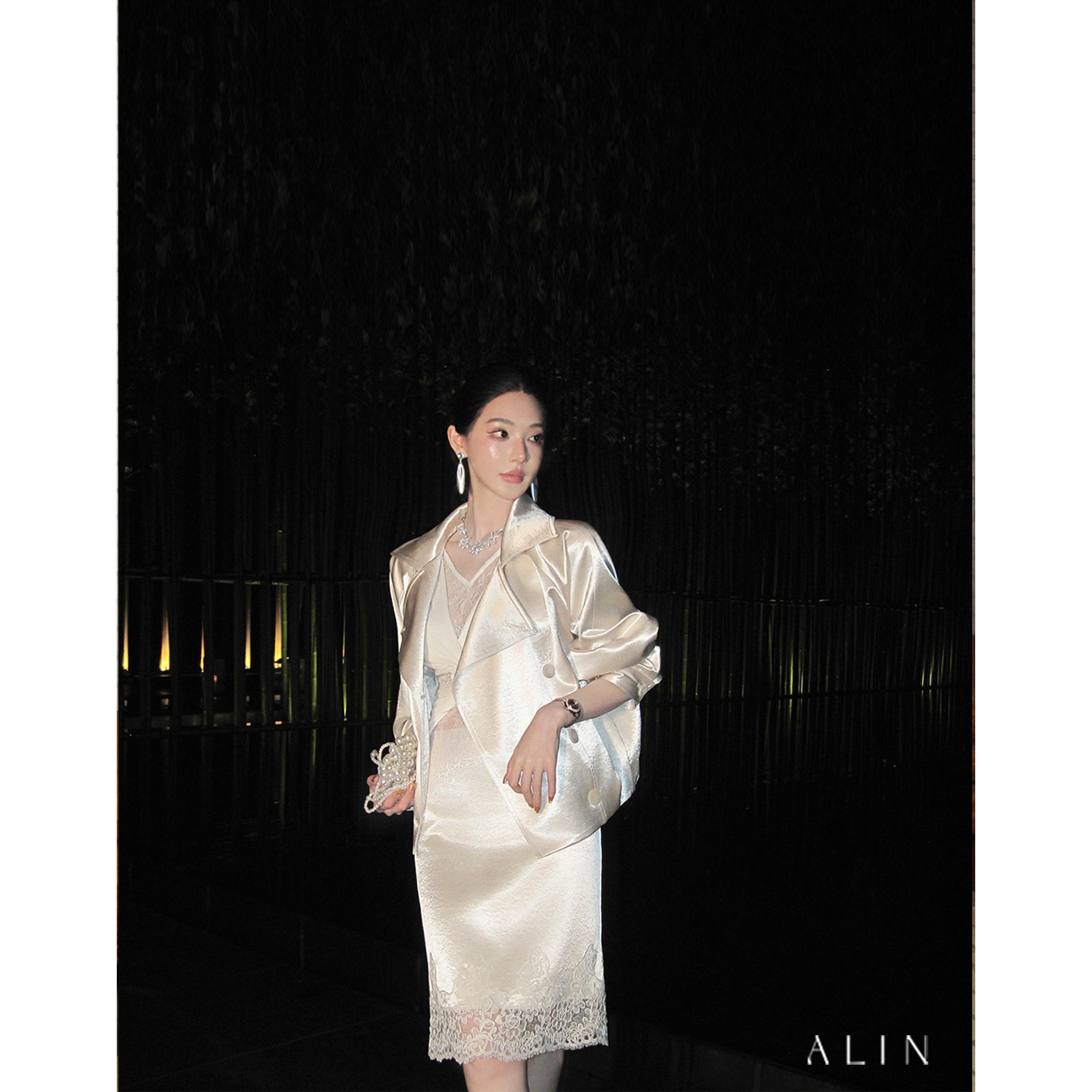 阿琳ALIN【琳秘书】双排扣长袖风衣蕾丝拼接半裙时尚气质套装
