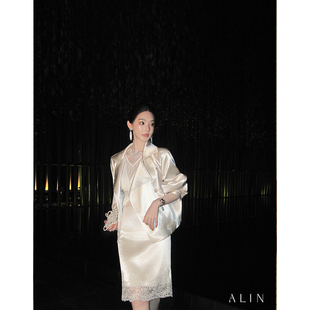 阿琳ALIN【琳秘书】双排扣长袖风衣蕾丝拼接半裙时尚气质套装