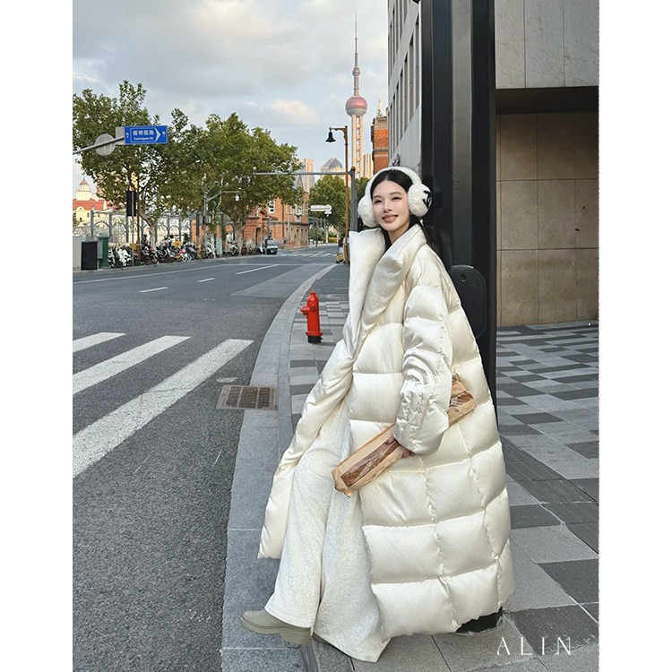 阿琳ALIN【雪鸢】版型好看90白鸭绒白色羽绒服女冬桑蚕丝长款外套