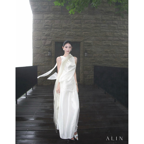 ALIN【莹光叠漾】斜裁荡领假两件上衣伞裙半裙套装女夏季AL6MSZ54