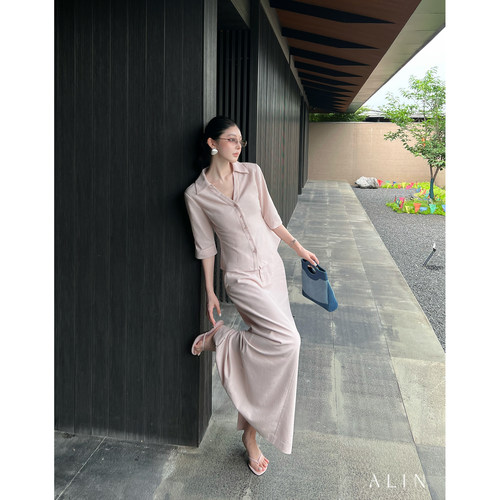 ALIN【柔晴序】复古翻领中袖衬衫直筒长款半身裙套装女夏AL6NSZ34