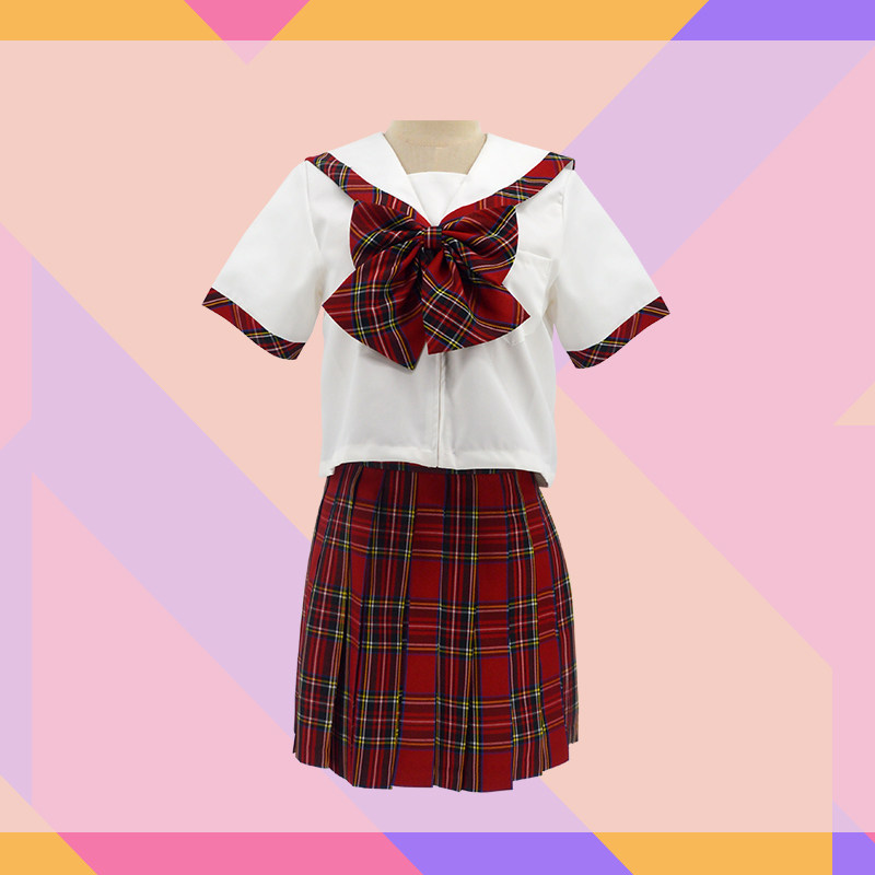 JK学院风红格裙水手服套装