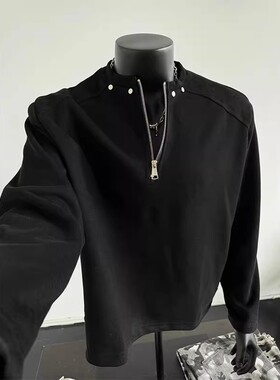 黑色半拉链垫肩卫衣男款秋冬美式高街柳钉长袖T恤痞帅短款外套