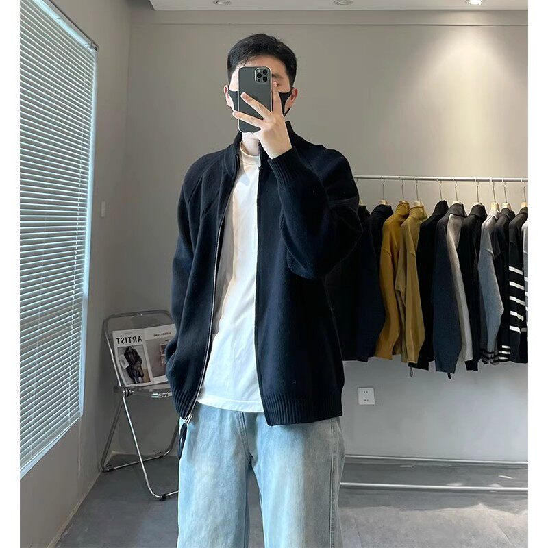 cleanfit黑色针织开衫外套男款秋冬高级感慵懒风韩系立领拉链毛衣