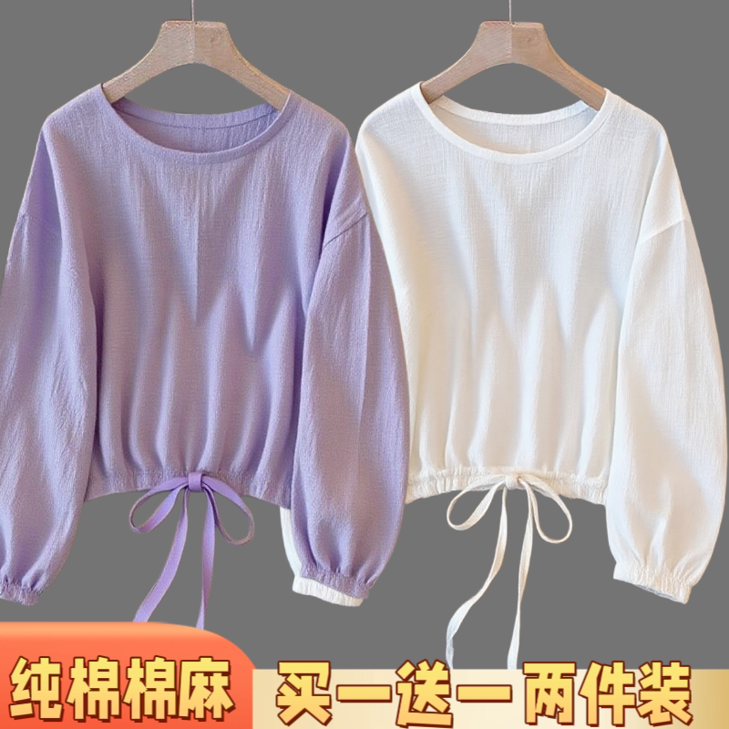 港味秋冬上衣女宽松长袖T恤棉麻质感复古百搭打底衫秋冬显瘦女装