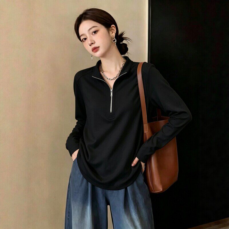 春秋款半拉链长袖T恤休闲时尚女2026秋宽松简约居家外出两穿上衣