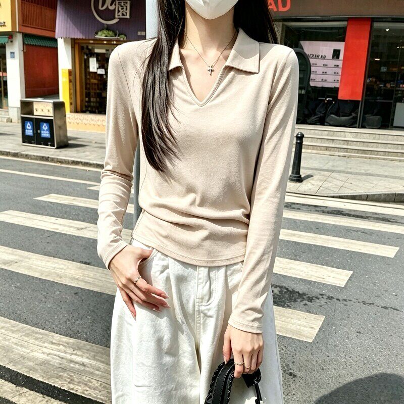 女士胖mm大码V领POLO长袖T恤早秋薄款垂感宽松显瘦休闲打底上衣