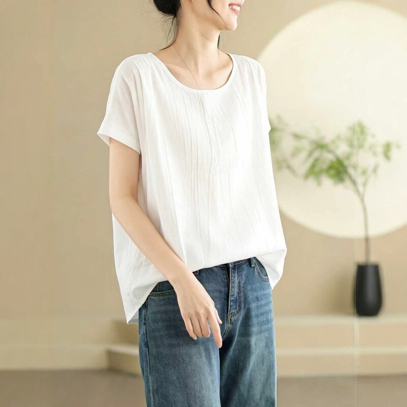 夏季显瘦纯棉大码外穿宽松休闲舒适修身纯色风女士圆领短款T恤
