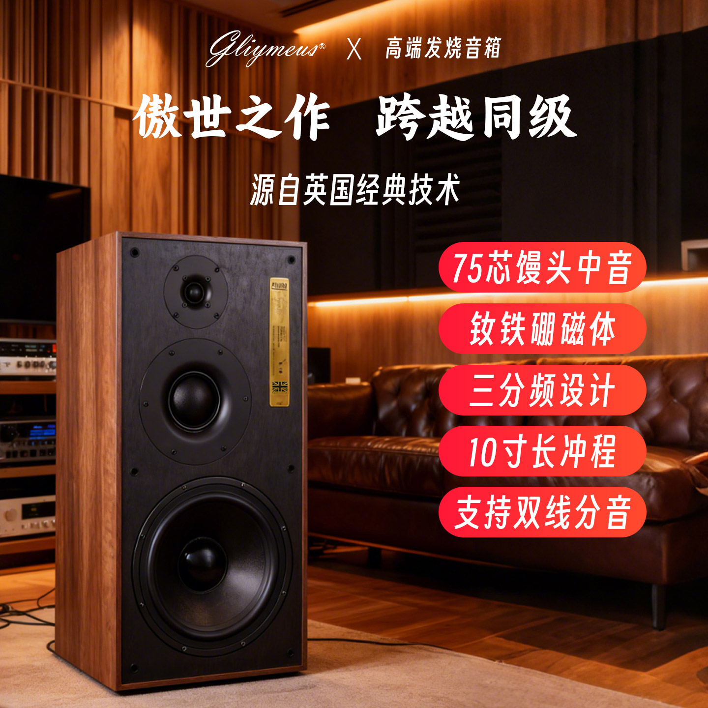 出口英国原装Gliymeus发烧级10寸三分频音箱HIFI书架音响无源对箱