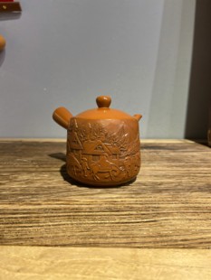 千羽拭老朱泥侧把急须 芳石刻 日本常滑烧已故名家 梅原玉堂作