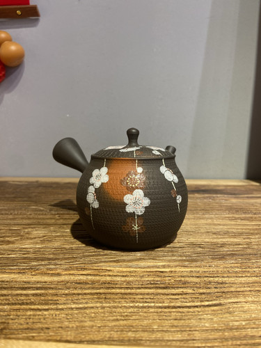 日本常滑烧玉光窑窑变跳刀手绘花枝侧把急须泡茶壶
