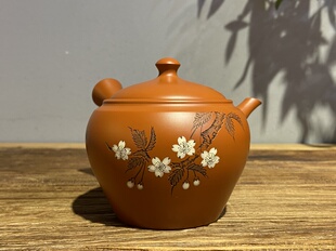 日本常滑烧已故名匠森下广治峰山 侧把 40年前老朱泥雕刻花枝日式