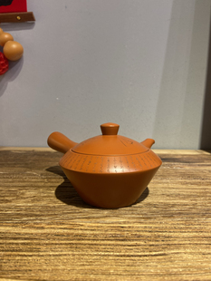 日本常滑烧已故名匠木光老朱泥雕刻诗文飞碟形侧把急须泡茶壶