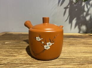 日本常滑烧已故名家森下广治峰山40年前细朱泥雕刻梅花侧把急须