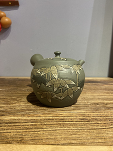 日本常滑烧已故名匠夏目雅仁绿泥刻竹日式 家用办公侧把急须泡茶壶