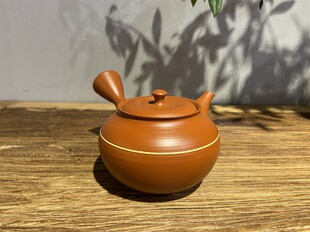 日本常滑烧无形文化财清水北條朱泥腰线日式侧把急须泡茶壶