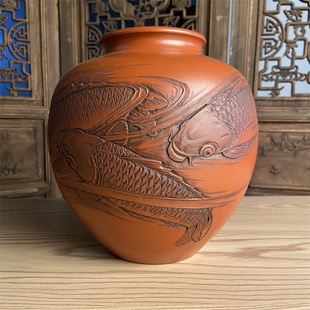 日本常滑烧古川寿仙嘉胤（仙逝）朱泥手工千羽拭重工锦鲤花瓶花器