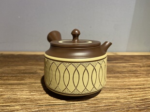 日本常滑烧已故匠人桑山圭洋紫泥绘刻花瓣形印籠蓋侧把急须泡茶壶