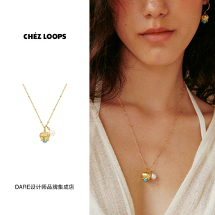 CHEZ 珍珠花苞项链复古绿松石小众原创精致饰品首饰高级女 LOOPS
