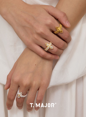 Dare买手店 T.MAJOR 镂空拉丝雕纹双色开口戒925银十字复古首饰女