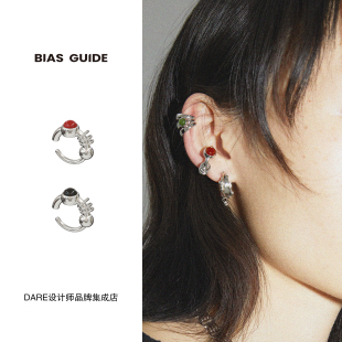 BIAS GUIDE三环天然宝石耳骨夹复古红色新年好运925银无耳洞耳夹