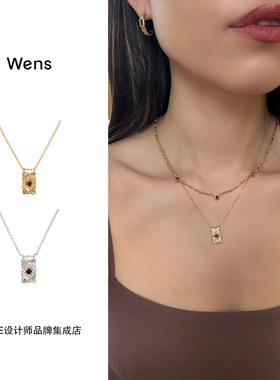 Dare买手店 Wens Jewels Edge镶石方格吊坠项链金色复古精致小巧