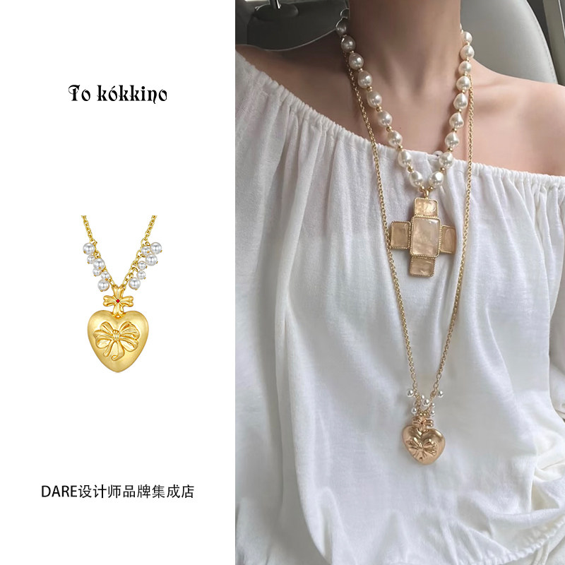 Dare买手店 tokokkino正品 爱心蝴蝶结复古金珍珠长项链原创小众