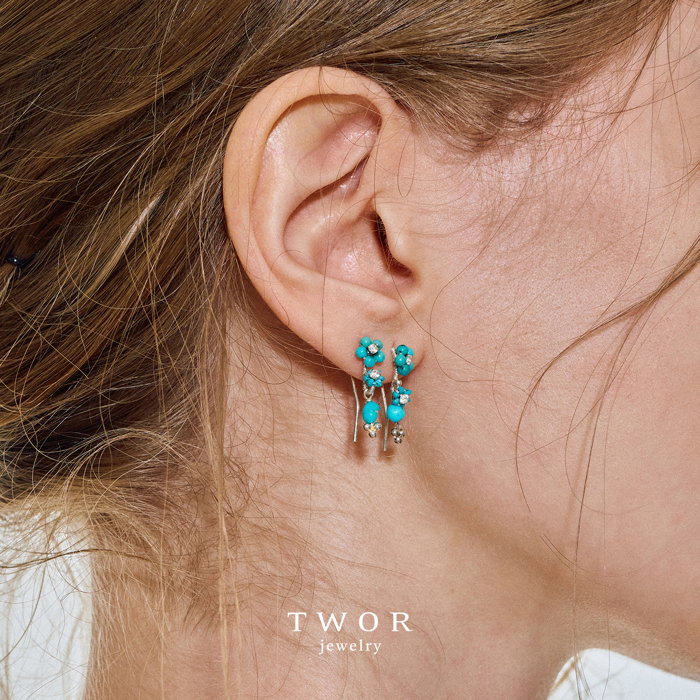Dare买手店 TWOR正品 绿松石花朵耳环串珠度假925银首饰耳饰原创