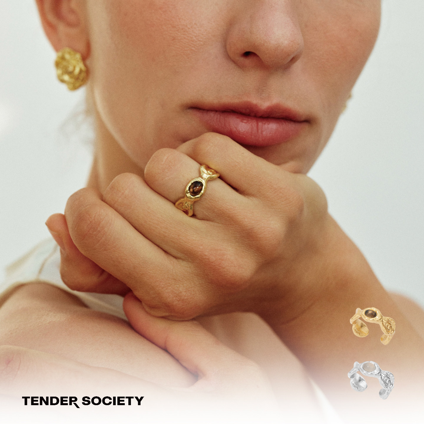 Dare买手店 tender society 熔岩玫瑰镶石戒指茶晶灰玛瑙金色复古
