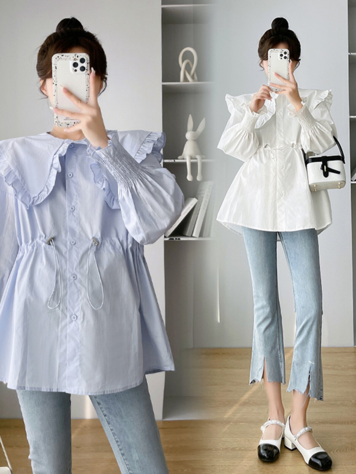 임부복 가을상의 봄 가을 긴팔 인형 칼라 셔츠 패셔너블한 조절 가능한 허리 셔츠 임신복 가을