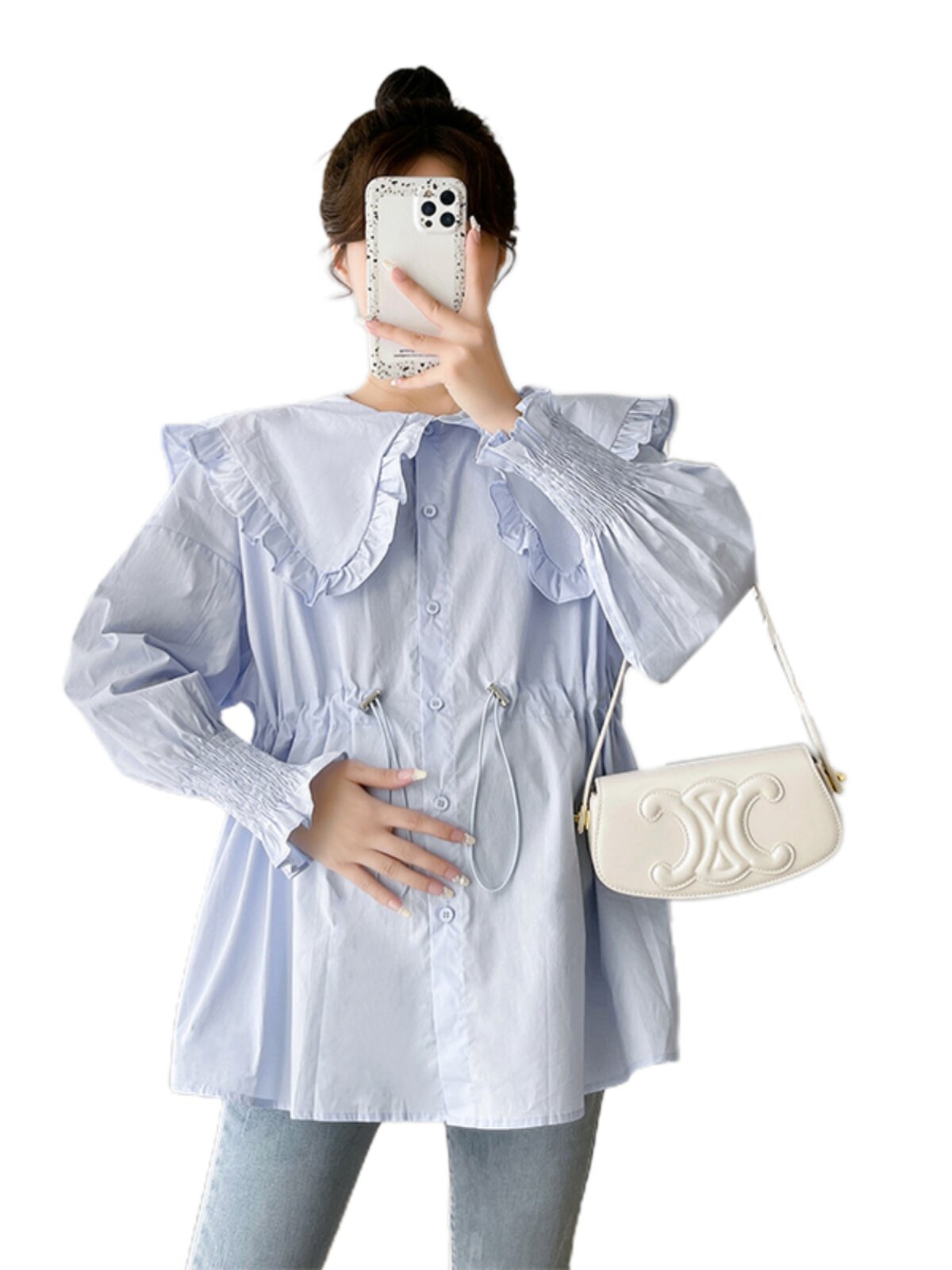 임부복 가을상의 봄 가을 긴팔 인형 칼라 셔츠 패셔너블한 조절 가능한 허리 셔츠 임신복 가을