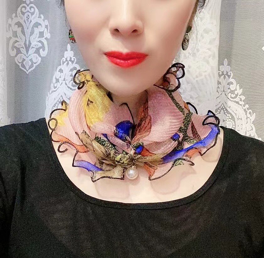 夏季防晒韩版护颈小围脖女发带假领珍珠吊坠百变丝巾