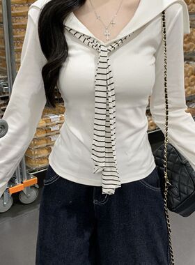 2025新款假两件白色海军领披肩正肩长袖t恤女百搭打底衫秋季上衣