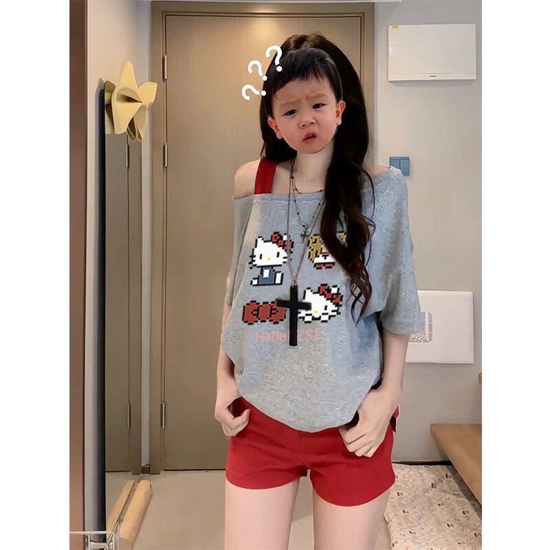 美式甜妹kitty猫印花斜肩短袖T恤女夏季新款独特宽松显瘦露肩上衣