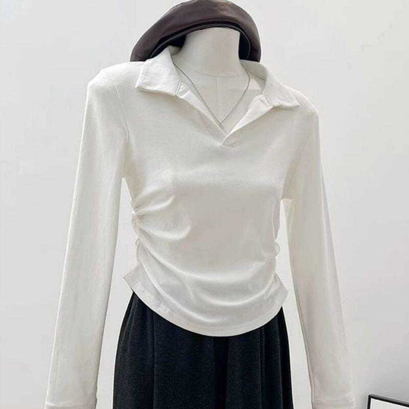 纯色POLO领长袖t恤女士早春秋衣外穿2025新款打底衫内搭上衣灰色