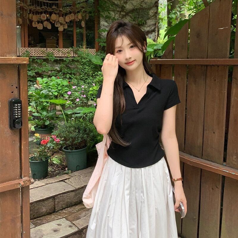 流行时尚潮牌女装修身百搭翻领短袖恤女夏收腰设计感小众气质通勤