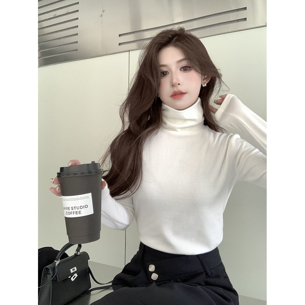 德绒堆堆领打底衫女内搭秋冬新款韩系加绒加厚保暖上衣T恤女外穿