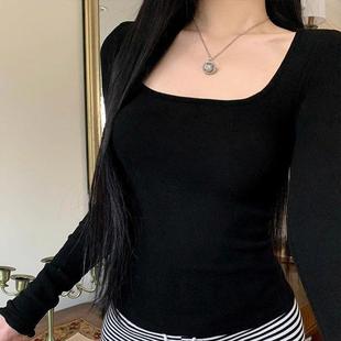 T恤德绒上衣潮 设计感长袖 韩系甜美正肩U领加厚打底衫 女内搭秋冬季