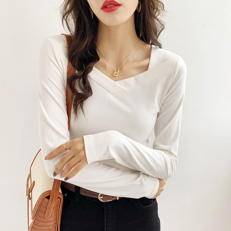 德绒打底衫女装春夏设计感小众V领加绒磨毛洋气修身简约内搭上衣