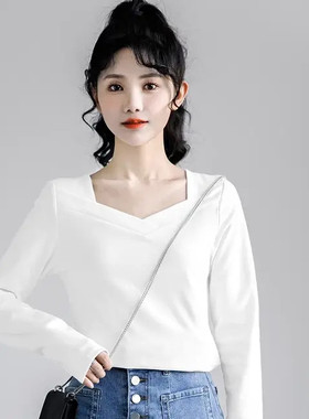 长袖t恤女白色新款春秋上衣内搭西装高级感可外穿修身洋气打底衫