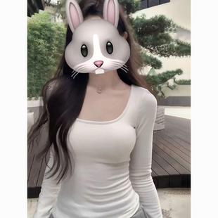 上衣 长袖 chic韩系百搭露锁骨大U领设计小众打底衫 女德绒保暖修身