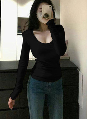 白色打底衫女秋冬内搭纯欲修身长袖t恤辣妹u领高腰短款上衣体桖