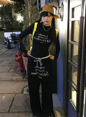 黑色复古辣妹创意设计感小众长袖女秋季显瘦高级感T恤百搭上衣潮