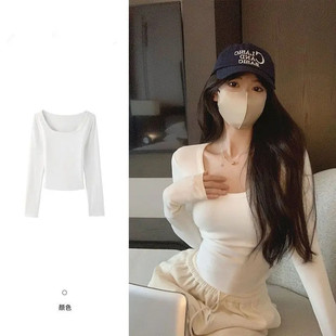 t恤女秋季 内搭打底衫 新款 显瘦短款 上衣 甜辣妹修身 黑色U领正肩长袖