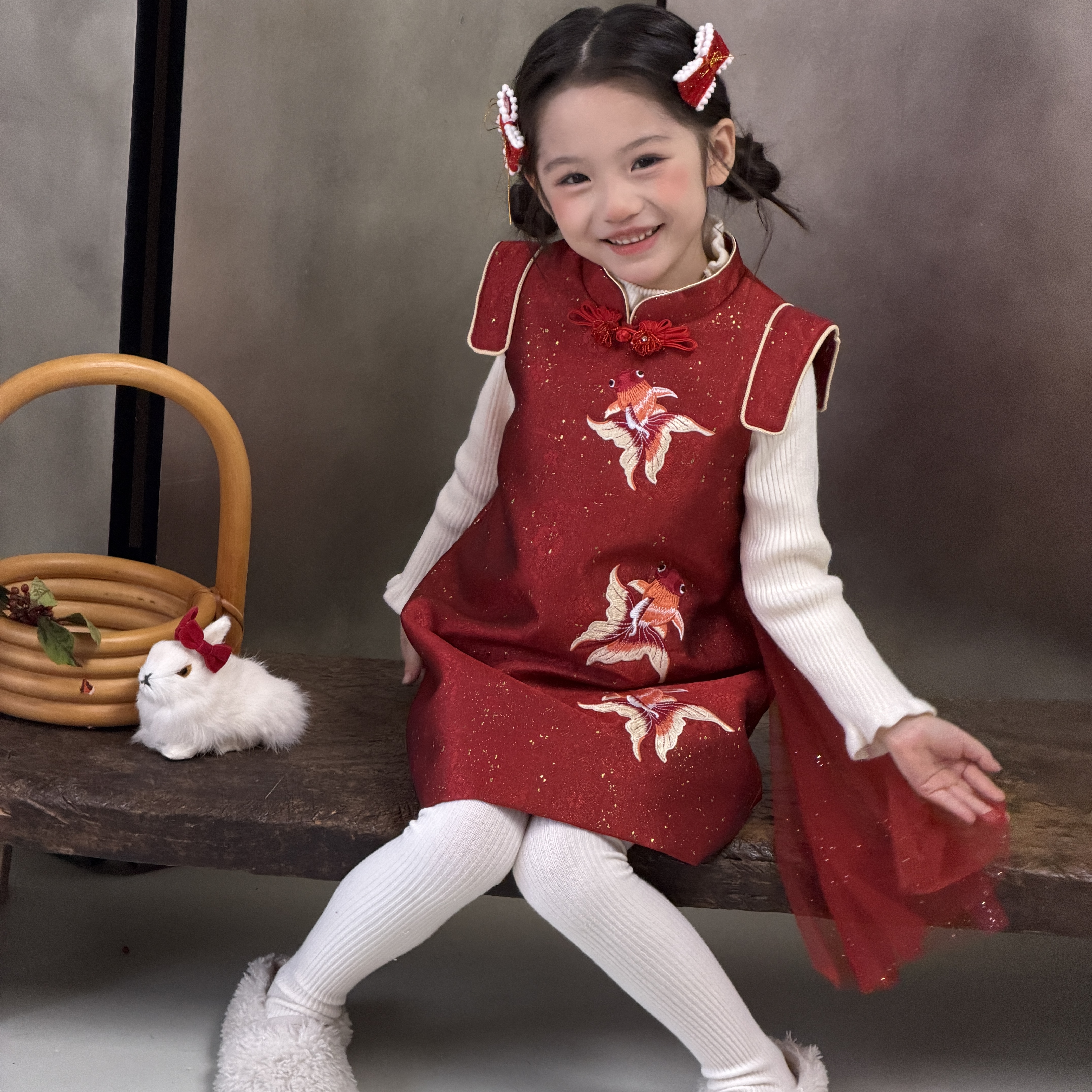 「年年有余」小锦鲤绣花加绒连衣裙女童新年拜年装儿童唐装旗袍裙