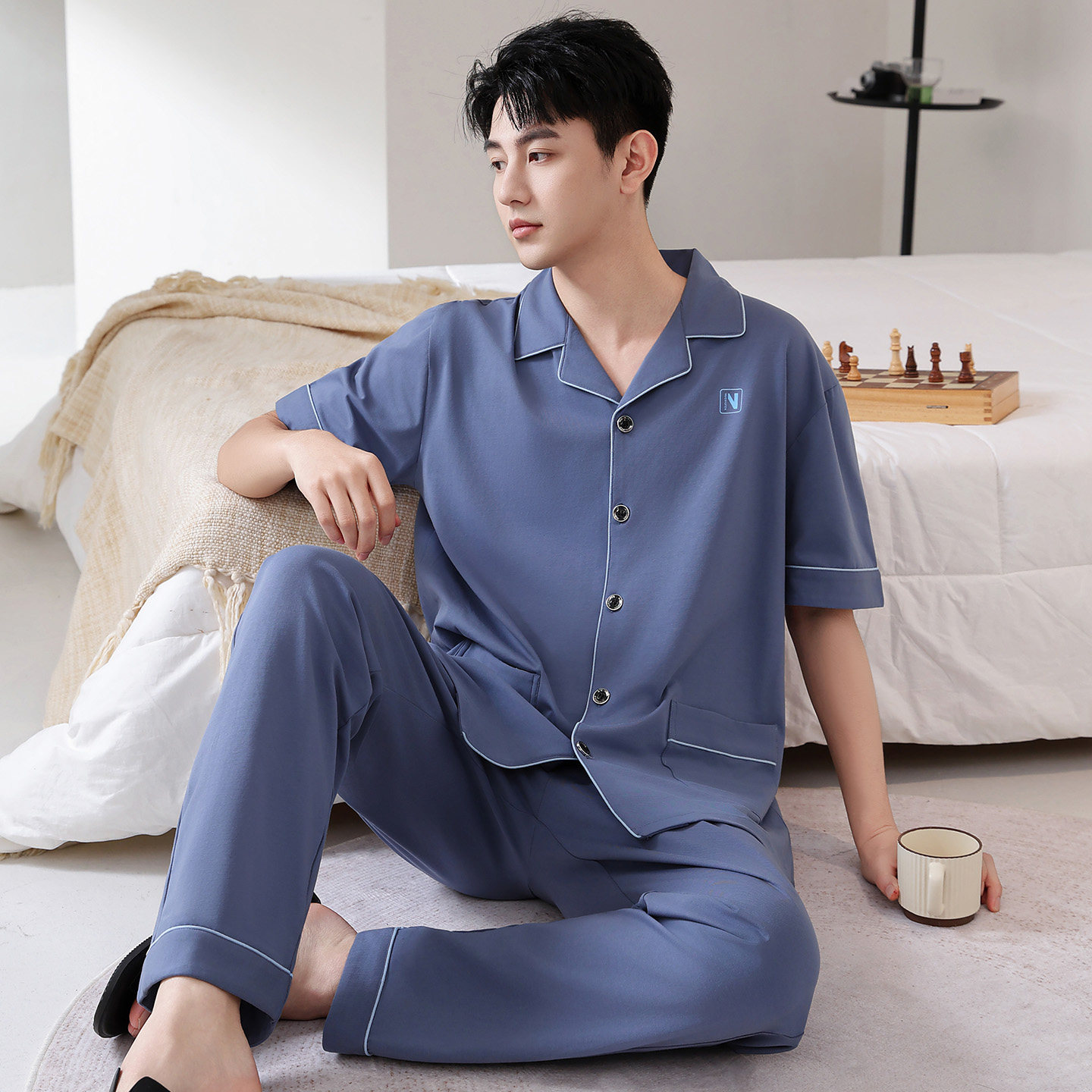 2026新款睡衣男夏款纯棉开衫中年短袖长裤夏天薄款大码家居服套装